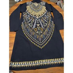 Soft Surroundings Embroidered Navy Knit Duster Robe Cardigan Beaded Boho Size M